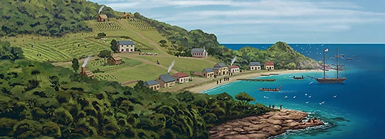 Colour artwork showing a European ship moored alongside waka in a coastal settlement with early European settler housing.