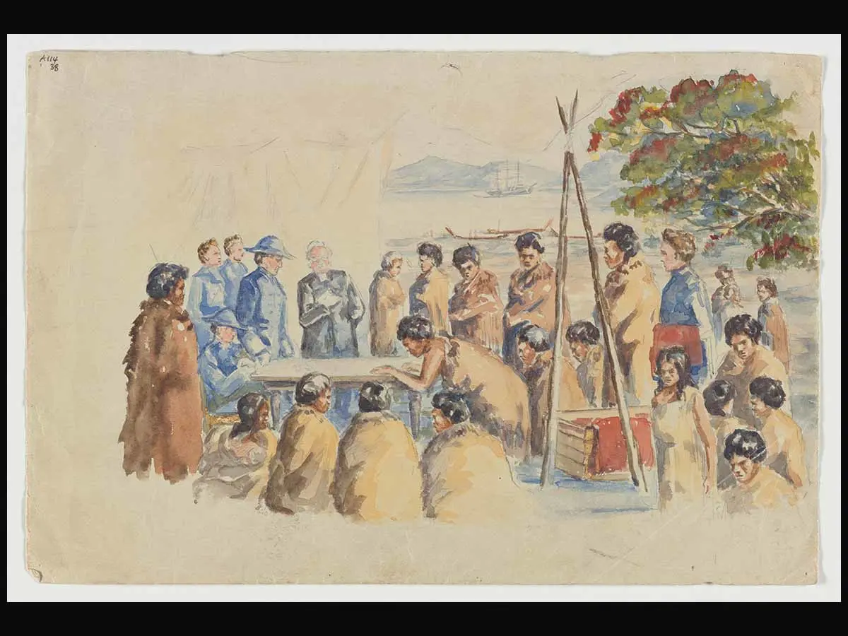 A watercolour painting showing a group of Māori and Pākehā standing around a table in the open air. A Māori representative is signing a document.