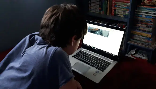 Boy reading on a laptop