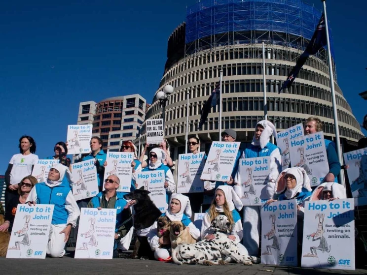 A group protests in front of the Beehive, they wear white and hold placards with the slogan, 'hop to it'.