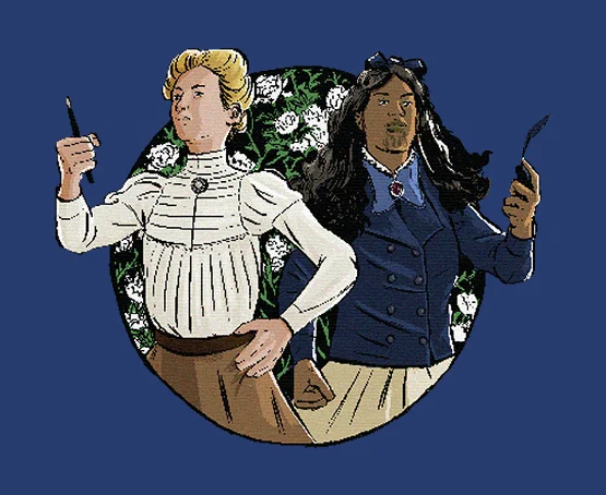 Colour illustration of Kate Sheppard and Ākenehi Tōmoana standing in front of a white camellia bush.