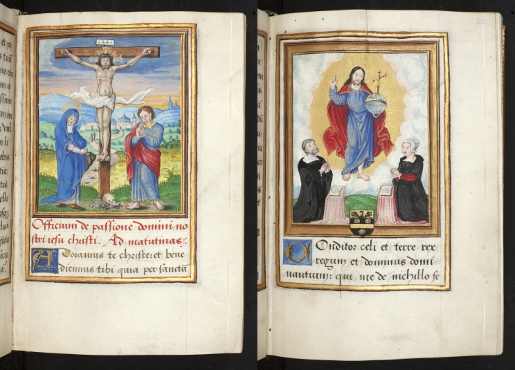 Side by side images of separate pages: Miniatures of the Crucifixion and depiction of Etienne Sale and his wife at prayer before a vision of the risen Christ from a Book of Hours, France (Besanҫon).