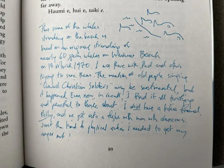 A paragraph of hand-written annotated text includes a small school of fish in the upper right corner, in this edition of 'The Whale Rider'.