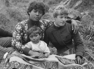 William Shilling at Karaka Bay with a Maori lady and a child.