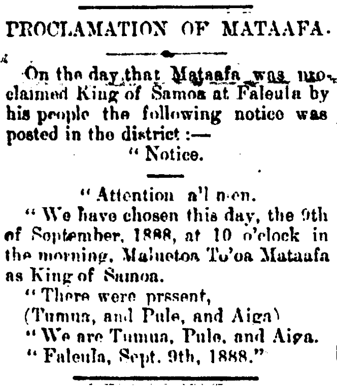 Article with the headline that reads 'Proclamation of Mataafa. It is about the day that Mataafa was proclaimed King of Samoa at Faleula by his people.