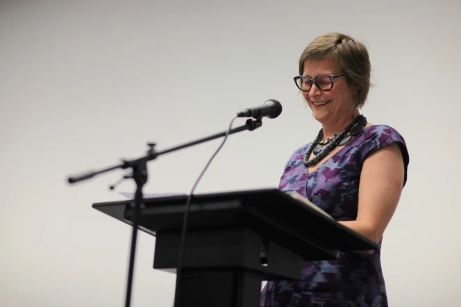 Kate Hunter launching Good-bye Maoriland at the National Library.