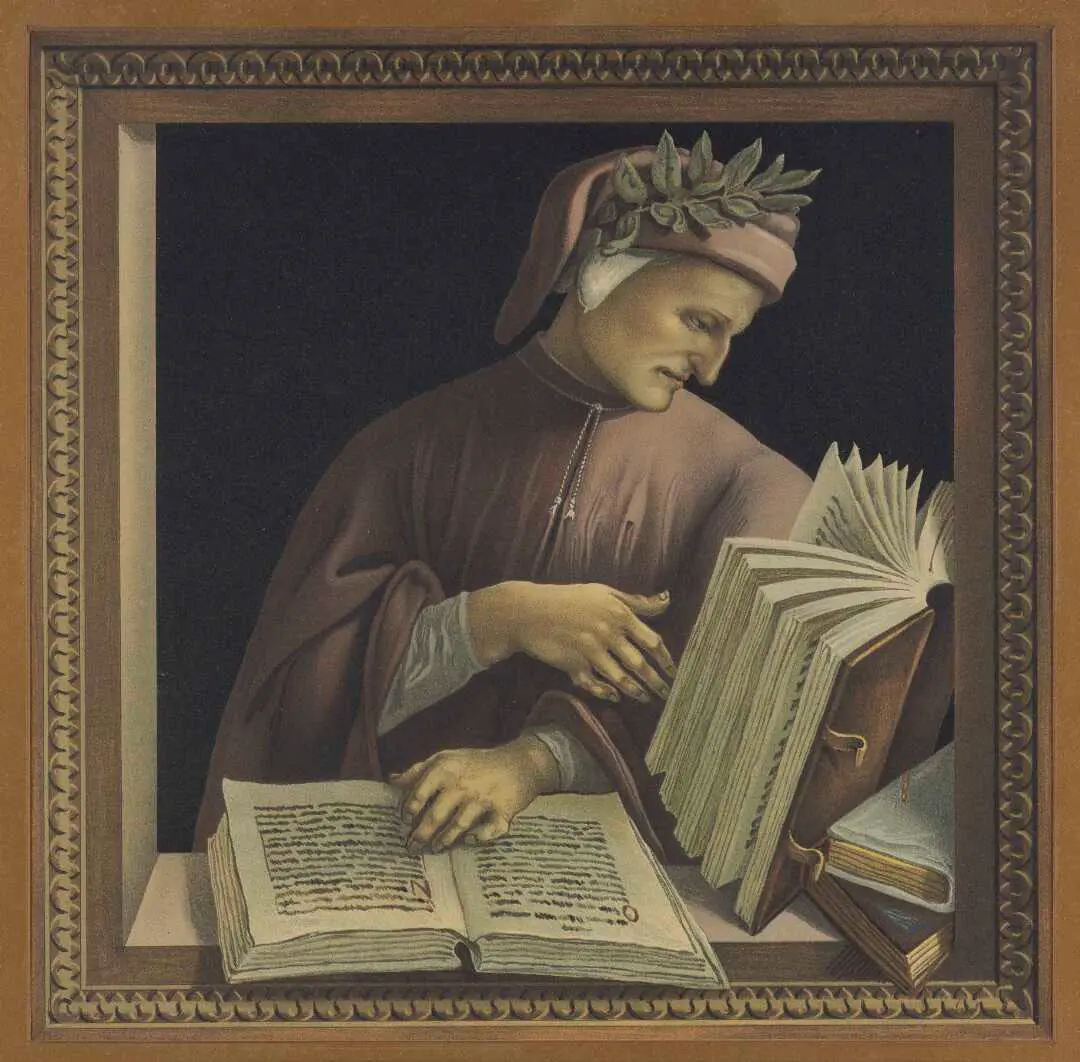 Painting of a man looking at a book. He is wearing a hat with a leaf on it. 