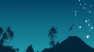 Homepage of digitalpasifik, blue sky with silhouette of hills and trees and a star constelation. 