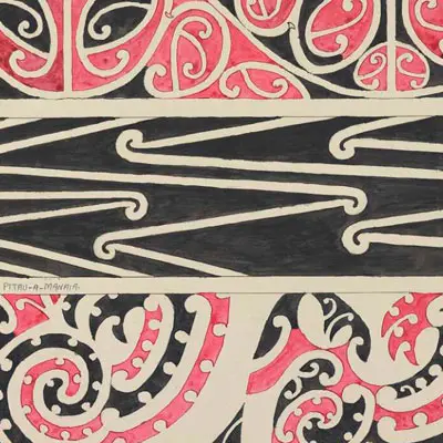 Drawings of Māori roof patterns in red, black and white. 