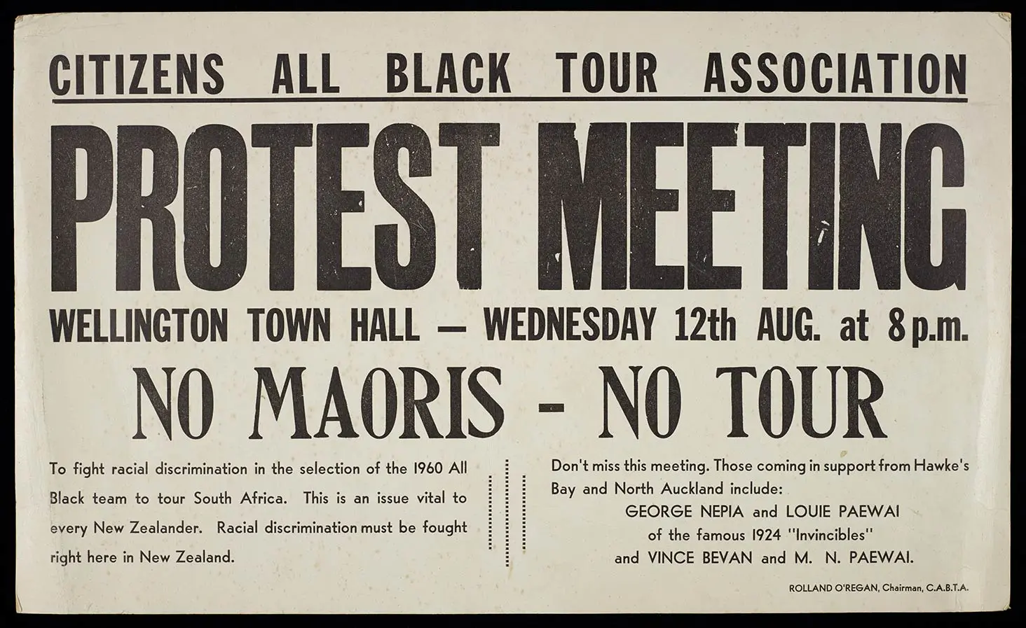 Handbill for Citizens All Black Tour Association protest meeting at Wellington Town Hall Wednesday 12 August.
