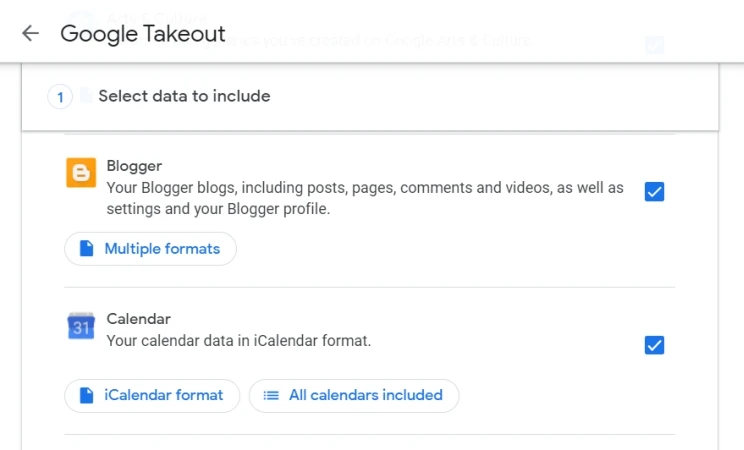 The Google Takeout interface showing Blogger and Calendar data selected.