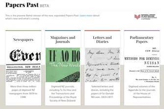 Papers past homepage. It shows the Newspapers, Magazines and Journals, Letters and Diaries and Parliamentary Papers section.