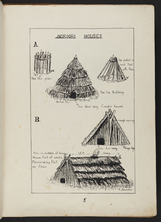 Illustrative page with drawings of Moriori houses.
