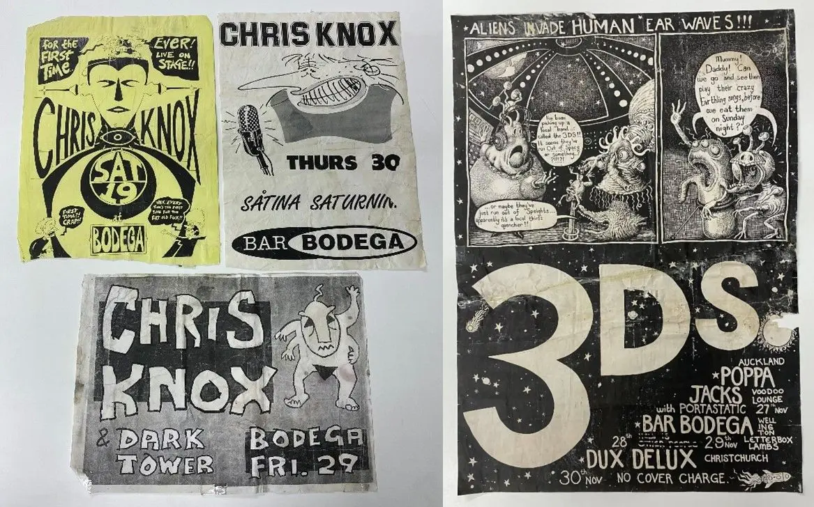 Three basic black/white posters for Chris Knox featuring hand-drawn, cartoonish characters on the left and one large black and white poster for the 3DS featuring alien comic strip characters. 