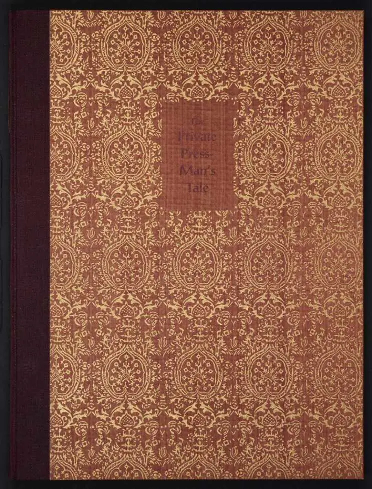 Intricately patterned endpaper, showing the title of the book, 'The private press-man's tale'.