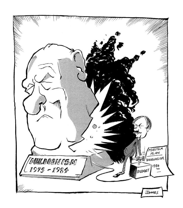 Shows Roger Douglas blowing up a bust of Robert Muldoon. Accompanying note from cartoonist states 'This cartoon proved to be quite prophetic in that Douglas demolished almost every trace of Muldoon's legacy but the name was wrong!' Douglas's reforms became known as "Rogernomics".