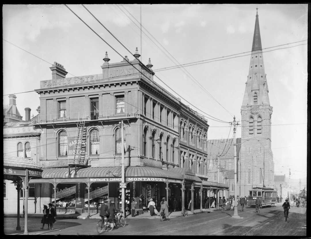 Montague's Corner, Colombo and Gloucester Streets, ca 1880s-1920s.