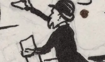 Black and white illustration of a man wearing a hat and holding a piece of paper.