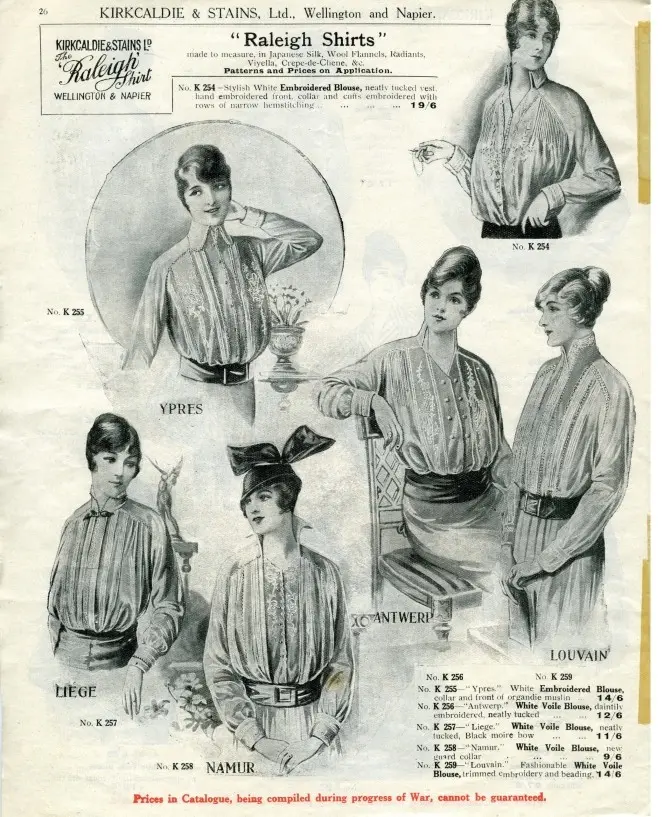 Page from Kircaldie & Staines' Fashion notes catalogue. Shows several illustrations of women modelling clothing.