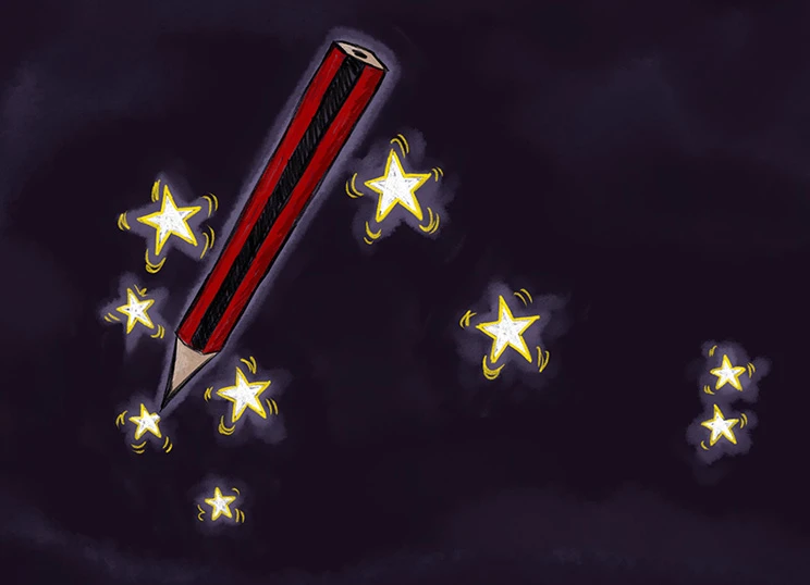 Illustration of nine twinkling stars (whetū) and a red and black pencil.