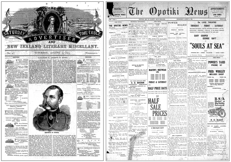 Side by side images of two black & white front pages of newspapers, the Saturday Advertiser and The Opotiki News.