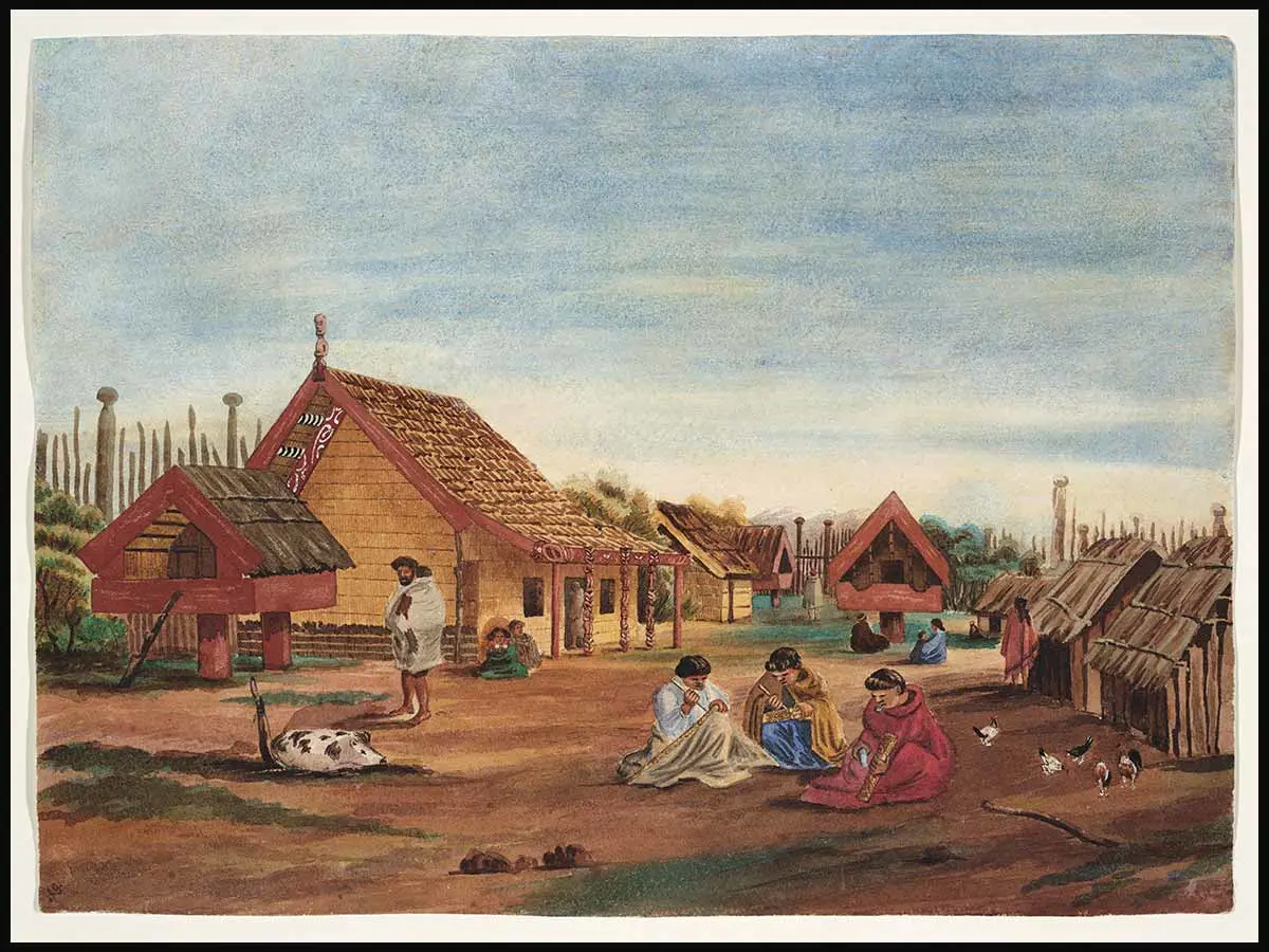 Painting of a scene in a pā. 3 cloaked figures sit carving wood in the foreground. A pig is tied to a pole and hens scratch in the dirt. A pātaka (raised food storehouse) is on the left and a wharenui (meeting house) is behind it.