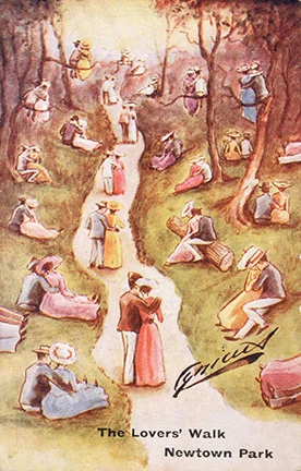 Drawing of couples walking in a park. 