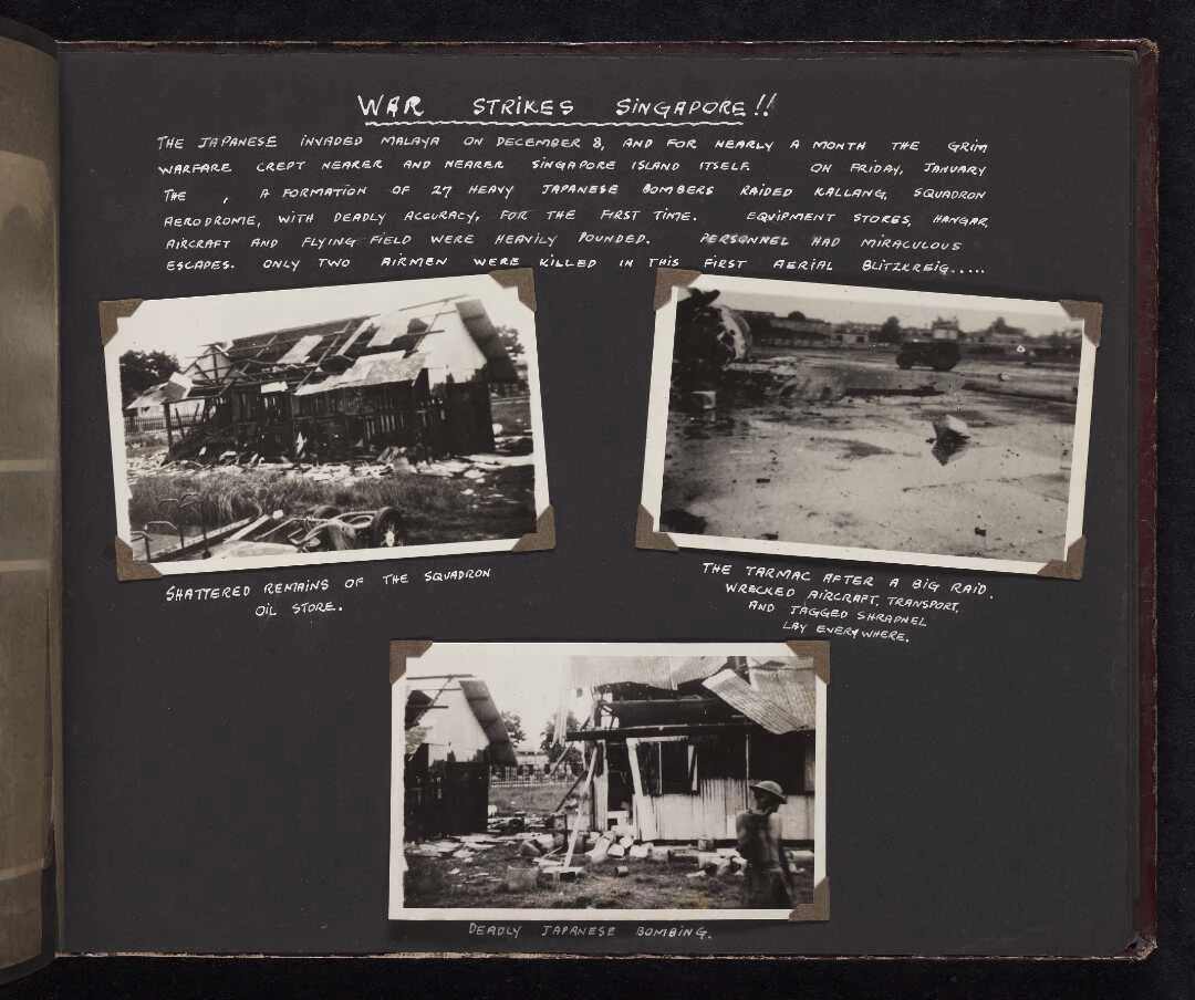 A page from a photograph album showing three black and white photographs with handwritten captions about the different scenes from WWII.