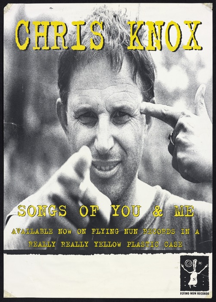 Black and white poster for Chris Knox's 'Songs of You and Me' featuring the musician pointing at the camera with one hand and pointing at his head with the other.