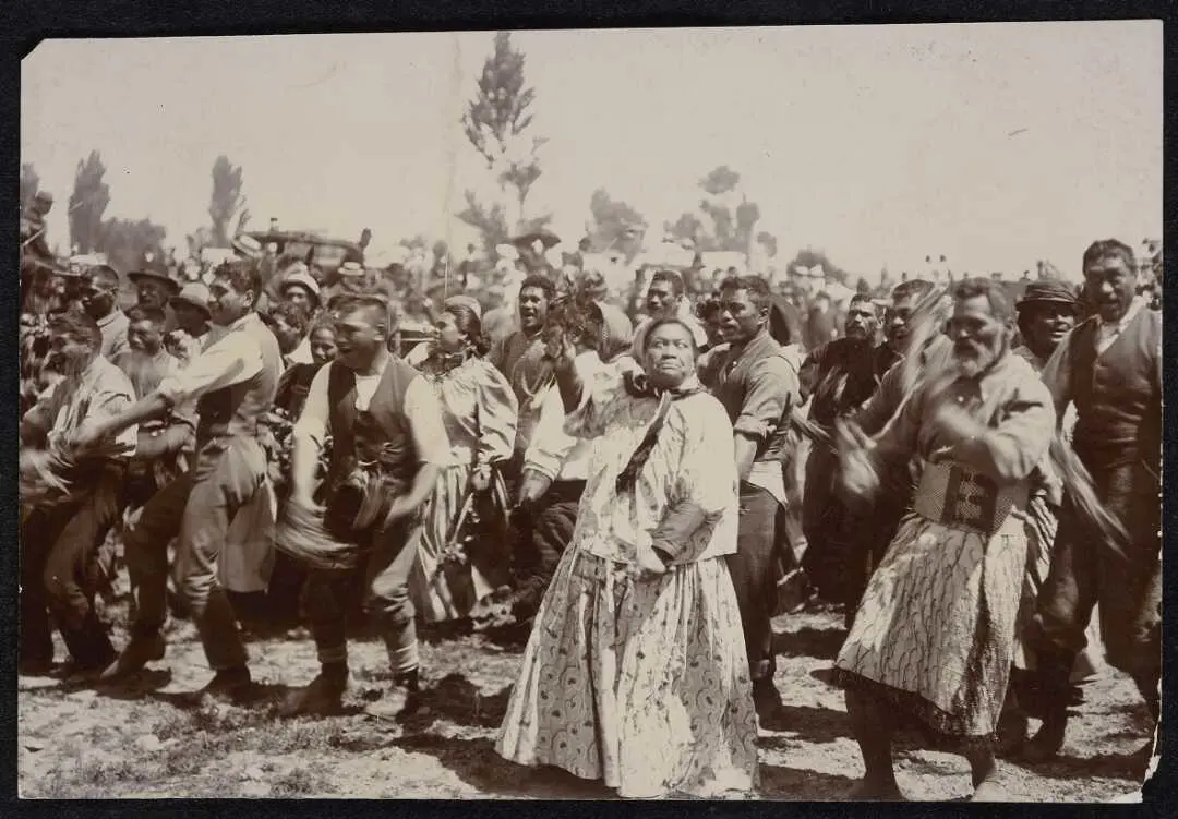Ngati Kahungunu perform haka powhiri. Woman doing a pūkana.