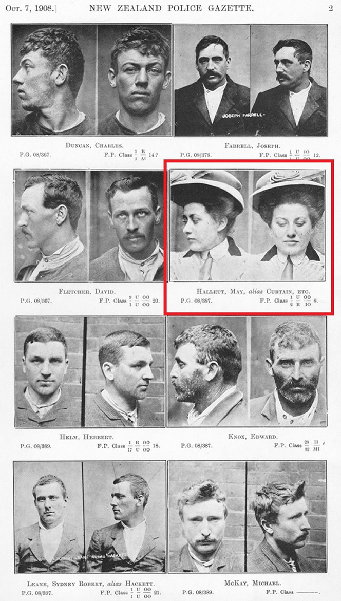 A page of 12 mugshots, showing the side profile and full face image of 7 men and 1 woman.