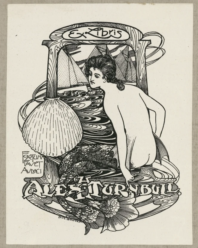 A bookplate in art nouveau style, showing a mermaid seen from the back, with an ornate double tail. Behind her, three yachts sail on a swirling ocean. There is a clam shell at centre left.