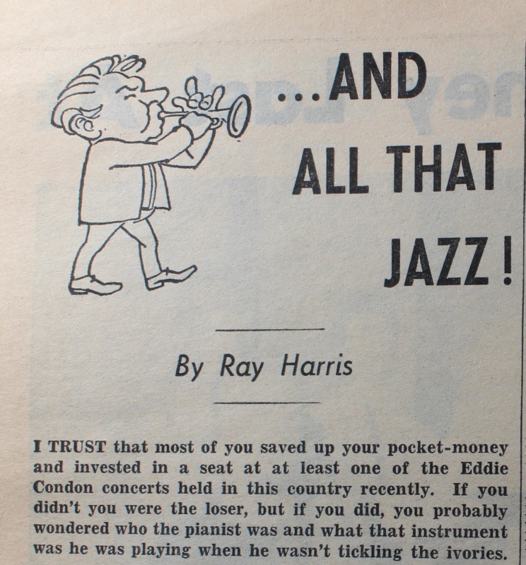 A review from Ray Harris of an Eddie Condon concert, shows a cartoon figure blowing a trumpet with the words, '.... And all that jazz!'.