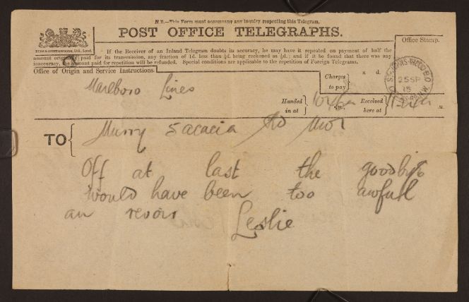 Telegram from Leslie Beauchamp to his sister, Katherine Mansfield. Ref: MS-Papers-7224-05.