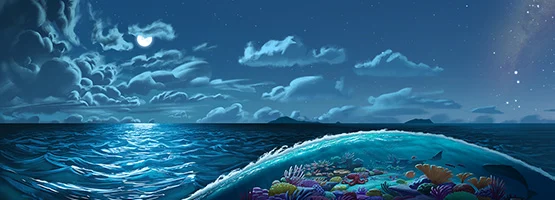 Colour artwork of the Pacific Ocean showing the moon lit sky and ocean.
