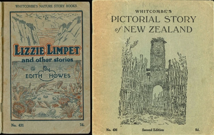 Two side by side book covers, the cover on the left depicts a coastal scene with cliffs and sea birds along with an underwater look at crays, shells and anemones. The book cover on the right shows the entrance to a pa site with a large engraved wooden gate surrounded by tall walls.