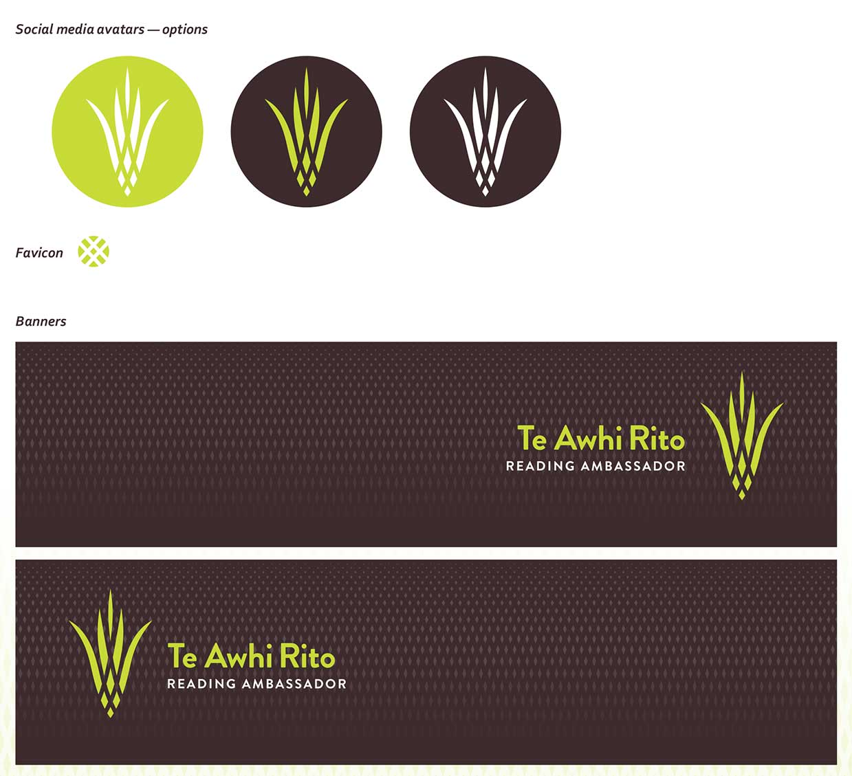 Te Awhi Rito brand elements for digital use. Includes: 3 social media avatars in different brand colours, a favicon and 2 banners. One banner has the logo on the right side, the other has the logo on the left side.