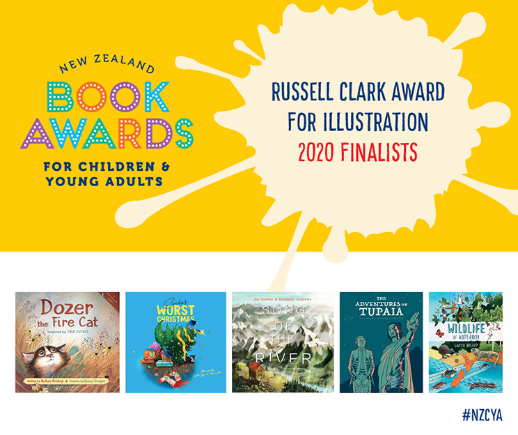 Promotional image: New Zealand Book Awards for Children and Young Adults — 2020 Illustration Award finalists with book covers