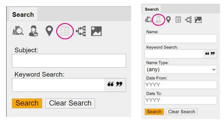 Two side-by-side images of the search interface for the unpublished database showing text boxes for subject, name and keyword along with dates. 