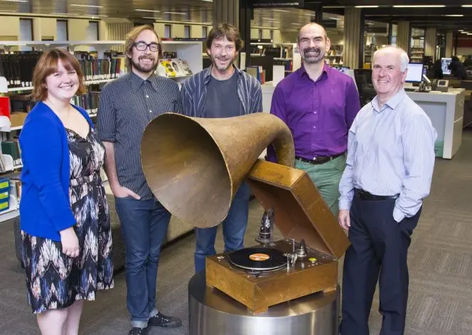 Roger with the National Library's other music specialists: Natalie Williams, Matt Steindl, Music Research Librarian, Chris Anderson, Music Access Coordinator, Keith McEwing, Assistant Music Curator.