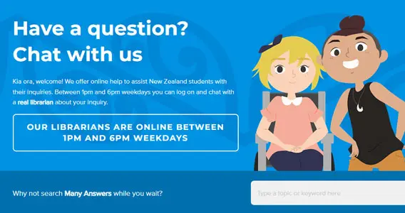 Screenshot of the AnyQuestions homepage. The page includes an illustration of 2 students and a button to chat with an AnyQuestions librarian.
