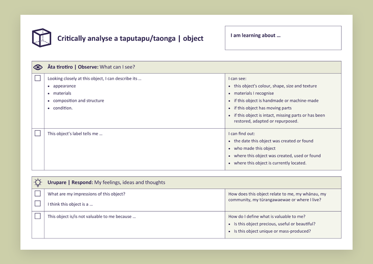 Screenshot of the 'Critically analyse a taputapu/taonga | object' tool.