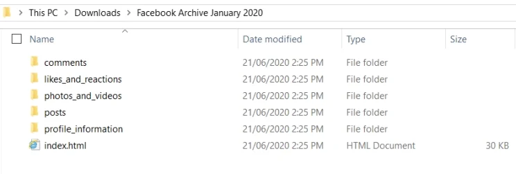 Facebook archive file structure showing folders for comments, likes/reactions, photos/videos, posts and profile information.