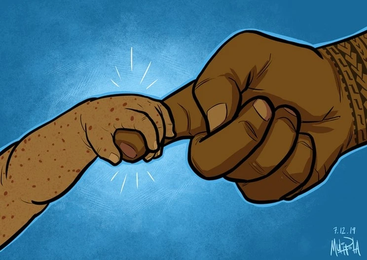 Digital cartoon by Michel Mulipola depicting a brown adult arm with a Samoan tatau holding hands with a small brown hand covered in 62 red spots [representing each of the 62 children who had died in the measles epidemic in Samoa by the time the cartoonist drew the cartoon].