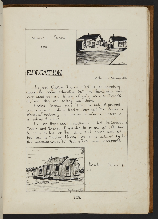 Page from the book, describing education of Māori on the island and showing an illustration of the school as it looked in 1912.