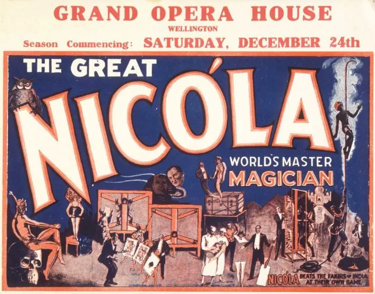 A colourful flyer with the word NICOLA in large letters across the middle and also showing a montage of numerous acts such as the Indian rope trick, card games, bed of nails, ghosts, invisible ladies. Also shows an owl, a devil and a skull.