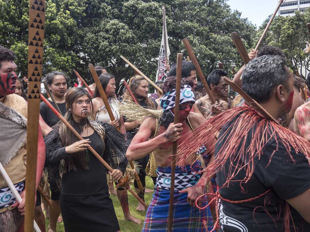 Group at the Land War Petition. Woman doing a pūkana.
