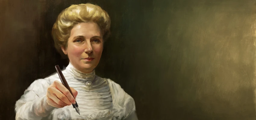 Kate Sheppard holding a quill