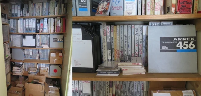 Shows the tapes in their original order in a closet at Flying Nun Records offices, Auckland.