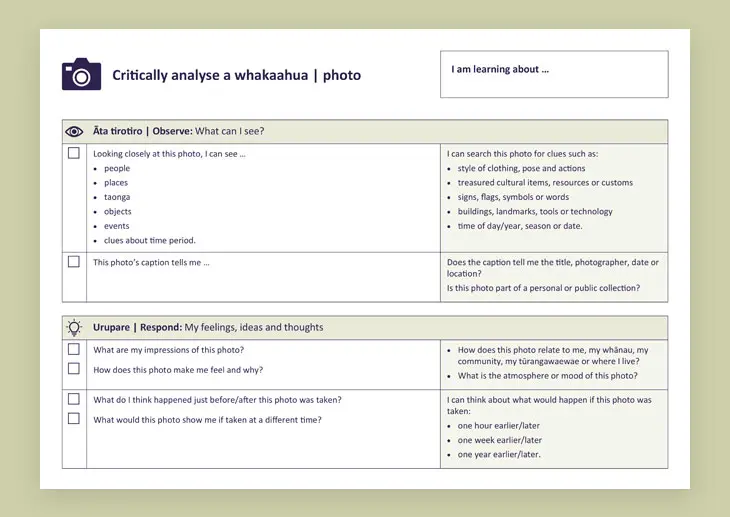 Screenshot of the ‘Critically analyse a whakaahua | photo’ tool.